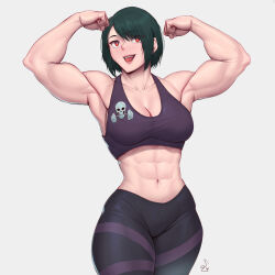 Rule 34 | 1girl, abs, absurdres, barbell, breasts, cleavage, fangs, flexing, green hair, highres, large breasts, muscular, muscular female, original, pants, red eyes, skull, solo, speedl00ver, tank top, thick thighs, thighs, tight clothes, tight pants