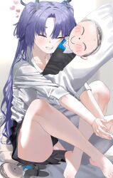 Rule 34 | 1girl, doodle sensei (blue archive), ass, black skirt, blue archive, blush, closed eyes, collarbone, grin, heart, highres, long hair, long sleeves, lonklink, pleated skirt, purple hair, sensei (blue archive), shirt, skirt, smile, solo, two side up, white shirt, yuuka (blue archive)