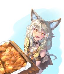 Rule 34 | 1girl, :d, animal ear fluff, animal ears, bell, neck bell, betabeet, chicken (food), collar, commentary, english commentary, erune, fang, flower, food, granblue fantasy, grey hair, hair between eyes, hair flower, hair ornament, highres, jingle bell, licking lips, long hair, looking at viewer, open mouth, orange eyes, photo-referenced, sen (granblue fantasy), smile, solo, tongue, tongue out
