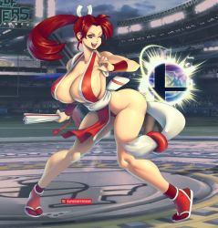 Rule 34 | 1girl, borrowed character, breasts, brown hair, curvy, eyebrows, fatal fury, japanese clothes, large breasts, long hair, nintendo, one eye closed, open mouth, ponytail, sandals, shiranui mai, smash ball, solo, super smash bros., supersatanson, the king of fighters, wink