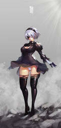 Rule 34 | 1girl, absurdres, artist name, black dress, black footwear, black gloves, black hairband, black thighhighs, blindfold, boots, breasts, cleavage, cleavage cutout, clothing cutout, covered eyes, dress, full body, gloves, gluteal fold, grey background, hairband, high heel boots, high heels, highres, legs, legs apart, leotard, lips, medium breasts, mole, mole under mouth, nier (series), nier:automata, panties, parted lips, puffy sleeves, rock, short dress, short hair, side slit, silver hair, skindentation, solo, standing, sword, thigh boots, thighhighs, thighs, torn clothes, torn thighhighs, underwear, weapon, white leotard, white panties, wind, wind lift, wookyung, 2b (nier:automata)