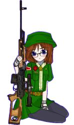 Rule 34 | 1girl, blue eyes, brown hair, dragunov svd, muzzle device, girl scout, glasses, gloves, gun, hat, mickey red short, pantyhose, rifle, scope, scout, scout movement, sitting, sniper, sniper rifle, solo, thighhighs, thumbhole stock, transparent background, weapon