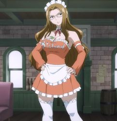 Rule 34 | 1girl, alternate costume, armpits, bare shoulders, barrel, bowtie, breast tattoo, breasts, brown eyes, brown hair, chair, cleavage, closed mouth, detached collar, detached sleeves, dress, evergreen (fairy tail), eyebrows hidden by hair, fairy tail, glasses, half-closed eyes, hands on own hips, head tilt, indoors, large breasts, long hair, looking at viewer, maid, maid headdress, neck, orange detached sleeves, orange dress, parted bangs, pleated dress, red bow, red bowtie, screencap, serious, short dress, solo, standing, stitched, strapless, strapless dress, tattoo, thighhighs, third-party edit, waitress, wavy hair, white thighhighs, window