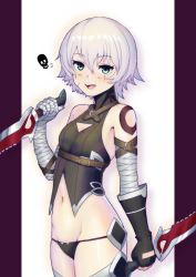 Rule 34 | 1girl, arm belt, bandaged arm, bandages, bare shoulders, black gloves, black panties, black thighhighs, black vest, blush, breasts, dagger, elbow gloves, facial scar, fate/apocrypha, fate/grand order, fate (series), gloves, green eyes, grey hair, hair between eyes, highres, hitomaruniigo, holding, holding dagger, holding knife, holding weapon, jack the ripper (fate/apocrypha), knife, looking at viewer, lowleg, lowleg panties, navel, panties, scar, scar across eye, scar on cheek, scar on face, short hair, shoulder tattoo, single glove, solo, tattoo, thighhighs, underwear, vest, weapon, white hair