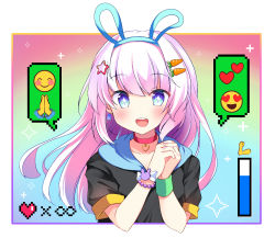 Rule 34 | + +, 1girl, :d, animal ears, bad id, bad pixiv id, black shirt, blue eyes, blush, carrot hair ornament, choker, commentary request, emoji, fake animal ears, fingernails, food-themed hair ornament, hair between eyes, hair ornament, hands up, heart, heart choker, long hair, looking at viewer, masayo (gin no ame), nail polish, open mouth, original, own hands together, pink nails, purple hair, rabbit ears, red choker, round teeth, shirt, short sleeves, smile, solo, spoken expression, star (symbol), star hair ornament, teeth, upper body, upper teeth only