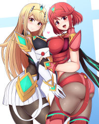 Rule 34 | 2girls, absurdres, ass, blonde hair, bob cut, breast press, breasts, chest jewel, dual persona, female focus, gloves, grin, headband, highres, looking at viewer, matching hair/eyes, multiple girls, mythra (massive melee) (xenoblade), mythra (xenoblade), nintendo, pantyhose, pantyhose under shorts, pyra (xenoblade), red eyes, red hair, short shorts, shorts, skirt, smile, standing, super smash bros., swept bangs, thigh strap, thighhighs, thighs, xenoblade chronicles (series), xenoblade chronicles 2, yellow eyes