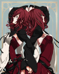 Rule 34 | 2girls, android, arched back, back-to-back, breasts, devola, green eyes, holding hands, kmikan, lips, lipstick, multiple girls, nier, nier (series), popola, profile, red hair, ribbon, siblings, sideboob, sisters, twins