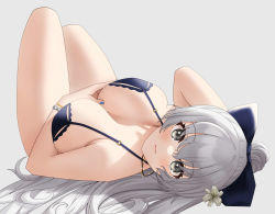 Rule 34 | 1girl, arm behind head, azur lane, bikini, black bikini, blue bow, blue nails, blush, bow, bracelet, grabbing another&#039;s breast, breasts, cleavage, closed mouth, expressionless, flower, fujioni, grabbing, grabbing own breast, grey background, grey eyes, hair bow, hair flower, hair ornament, halterneck, highres, jewelry, large breasts, legs up, long hair, looking at viewer, lying, nail polish, necklace, official alternate costume, on back, purple bikini, silver hair, simple background, skindentation, solo, swimsuit, thighs, very long hair, vittorio veneto (azur lane), vittorio veneto (the flower of la spezia) (azur lane), wavy hair