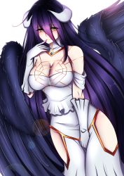 Rule 34 | 1girl, albedo (overlord), bare shoulders, between legs, black hair, black wings, blush, breasts, cleavage, demon girl, demon horns, detached collar, dress, feathered wings, finger to mouth, foxykuro, gloves, hair between eyes, hand between legs, highres, hip vent, horns, large breasts, lens flare, long hair, looking at viewer, overlord (maruyama), smile, solo, very long hair, white gloves, wings, yellow eyes