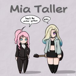 Rule 34 | 2girls, aged up, ankle boots, black choker, black footwear, blonde hair, blue hair, blush stickers, boots, business suit, choker, collarbone, deformed, earrings, english text, formal, gradient hair, guitar, hair over one eye, height difference, highres, holding, holding guitar, holding instrument, hood, hooded jacket, instrument, jacket, jewelry, krakelak, long sleeves, love live!, love live! nijigasaki high school idol club, mia taylor, midriff, mole, mole under eye, multicolored hair, multiple girls, navel, no mouth, one eye covered, ponytail, pun, purple eyes, shadow, sidelocks, single earring, skirt, speech bubble, standing, suit, text focus, twitter username