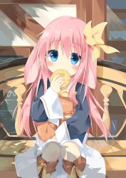 Rule 34 | 1girl, animal ears, back, bench, black jacket, blue eyes, blush, boots, bow, brown footwear, commentary request, covered mouth, day, doughnut, ears down, food, french cruller, hair between eyes, hair bow, head tilt, highres, holding, holding food, jacket, knee boots, kushida you, long sleeves, looking at viewer, hugging object, on bench, original, outdoors, pink hair, rabbit ears, sitting, skirt, sleeves past wrists, solo, white skirt, wide sleeves, yellow bow