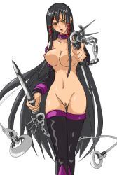 Rule 34 | 1girl, black hair, blush, chain, collar, cosplay, crossover, fate/stay night, fate (series), long hair, mahou sensei negima!, medusa (fate), medusa (rider) (fate), medusa (rider) (fate) (cosplay), nameless dagger (fate), nipples, nude, nude filter, parody, solo, tatsumiya mana, thighhighs, third-party edit, uncensored, very long hair, weapon, yellow eyes