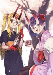 Rule 34 | 2girls, :d, alcohol, bespectacled, black-framed eyewear, black kimono, black legwear, blonde hair, bottle, bow, brown eyes, commentary request, facial mark, fangs, fate/grand order, fate (series), floral print, fur trim, glasses, grin, hair ornament, hair scrunchie, hat, highres, holding, holding bottle, horns, ibaraki douji (dress for demons) (fate), ibaraki douji (fate), japanese clothes, kimono, long hair, long sleeves, looking at viewer, masu, mini hat, multiple girls, oni, open mouth, outdoors, petals, pink hat, pink kimono, pointy ears, print kimono, purple eyes, purple hair, purple scrunchie, red bow, round eyewear, sake, sake bottle, saruchitan, scrunchie, short hair, short kimono, shuten douji (dress for demons) (fate), shuten douji (fate), sidelocks, sitting, skin-covered horns, smile, standing, thick eyebrows, thighhighs, tree, twintails, wide sleeves