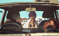 Rule 34 | 1girl, absurdres, alternate costume, bikini, black bikini, blue sky, blurry, blurry background, breasts, car, car trunk, closed mouth, commentary, day, expressionless, hair ornament, half-closed eyes, hands up, highres, holding, holding towel, kabuyama kaigi, looking to the side, motor vehicle, outdoors, parking lot, purple eyes, purple hair, rear-view mirror, sky, small breasts, solo, swimsuit, tan, tanline, towel, towel around neck, upper body, vocaloid, voiceroid, yuzuki yukari