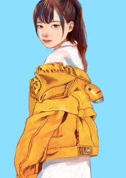 Rule 34 | 1girl, absurdres, blue background, blue eyes, brown hair, from behind, highres, jacket, junjunforever, long hair, looking to the side, multicolored eyes, off shoulder, original, ponytail, smile, solo, yellow jacket