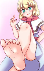 Rule 34 | 1girl, akabashi yuusuke, alice margatroid, barefoot, blonde hair, blush, feet, foot focus, green eyes, hand on own hip, highres, looking at viewer, looking down, pov, short hair, soles, toes, touhou