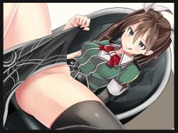 Rule 34 | 10s, 1girl, :p, bad id, bad pixiv id, black gloves, black thighhighs, blush, brown eyes, brown hair, chair, dress, elbow gloves, gloves, hair between eyes, hair ribbon, jacket, kantai collection, long hair, no panties, no pants, pelvic curtain, puffy short sleeves, puffy sleeves, ribbon, shirousa, short dress, short sleeves, side slit, single elbow glove, single thighhigh, sitting, solo, spread legs, thighhighs, tone (kancolle), tone kai ni (kancolle), tongue, tongue out, twintails