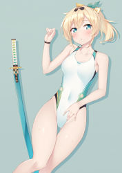 Rule 34 | 1girl, aqua eyes, bare shoulders, blonde hair, blush, bow, breasts, collarbone, commentary request, competition swimsuit, covered navel, gluteal fold, green background, hair between eyes, highres, hololive, katana, kazama iroha, kazuma (kazumav), long sleeves, looking at viewer, lying, medium breasts, medium hair, on back, one-piece swimsuit, ponytail, sheath, sheathed, sidelocks, simple background, solo, sweat, swimsuit, sword, thigh gap, thighs, virtual youtuber, weapon, white one-piece swimsuit, yellow bow