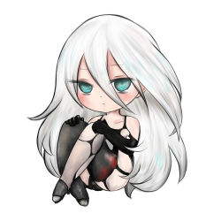 Rule 34 | 1girl, absurdres, android, aqua eyes, bad id, bad pixiv id, blush, chibi, collarbone, elbow gloves, eyelashes, gloves, high heels, highres, knees up, lin shuang, nier (series), nier:automata, pale skin, sitting, solo, white background, white hair, a2 (nier:automata)