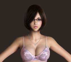 Rule 34 | 1girl, 3d, bare shoulders, black-framed eyewear, black background, black hair, bow, bow bra, bra, breasts, brown eyes, cleavage, eyeshadow, glasses, hair over one eye, jewelry, lace, lace-trimmed bra, lace trim, large breasts, lingerie, lipstick, looking at viewer, makeup, mole, mole under mouth, original, outstretched arms, parted lips, pink bra, pink lips, realistic, short hair, simple background, solo, spread arms, swept bangs, underwear, underwear only, upper body, veins, veiny breasts, znz