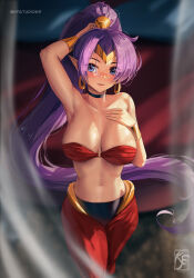 Rule 34 | 1girl, absurdres, arm behind head, armpits, artist logo, artist name, baggy pants, bare shoulders, bikini, black choker, blue eyes, blurry, blurry background, breasts, choker, circlet, collarbone, commentary, cowboy shot, earrings, english commentary, gold bracelet, hand on own chest, harem outfit, highres, hoop earrings, jewelry, knightfang, long hair, medium breasts, midriff, navel, o-ring, o-ring bikini, pants, parted lips, pointy ears, ponytail, purple hair, red pants, shantae, shantae (series), single hair tube, solo, strapless, strapless bikini, swimsuit, twitter username