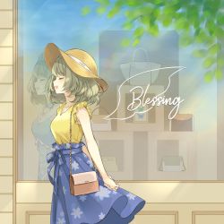 Rule 34 | 1girl, arms behind back, bag, blouse, blue dress, blue skirt, bug, butterfly, choker, collarbone, dress, closed eyes, floral print, frill trim, frills, green hair, handbag, hat, idolmaster, idolmaster cinderella girls, insect, jewelry, leaf, long skirt, medium hair, mole, mole under eye, necklace, open mouth, outdoors, own hands together, picture frame, q-v (levia), reflection, shirt, shop, skirt, sleeveless, sleeveless shirt, smile, solo, storefront, sun hat, takagaki kaede, tiara, wind, wind lift, window, yellow shirt