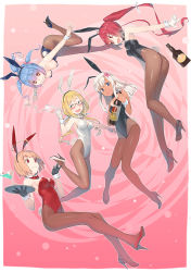Rule 34 | 5girls, alcohol, alternate costume, animal ears, aqua eyes, ass, bare shoulders, black gloves, black leotard, blonde hair, blue eyes, blue hair, blush, bottle, bow, bowtie, breasts, brown legwear, cherry, cocktail, cocktail glass, commentary request, covered navel, cup, detached collar, drink, drinking glass, fake animal ears, fake tail, fishnet legwear, fishnets, flower, food, fruit, full body, glasses, gloves, hair flower, hair ornament, hair ribbon, heibonkaeru, high heels, highleg, highres, holding, holding tray, i-168 (kancolle), i-19 (kancolle), i-58 (kancolle), i-8 (kancolle), kantai collection, large breasts, legs, leotard, light brown hair, long hair, looking at viewer, low twintails, medium breasts, multiple girls, one-piece tan, open mouth, pantyhose, playboy bunny, ponytail, rabbit ears, rabbit tail, red-framed eyewear, red eyes, red hair, red leotard, ribbon, ro-500 (kancolle), semi-rimless eyewear, short hair, simple background, small breasts, smile, star-shaped pupils, star (symbol), strapless, strapless leotard, symbol-shaped pupils, tail, tan, tanline, tray, tri tails, twintails, under-rim eyewear, very long hair, white gloves, white hair, white leotard, wine, wine bottle, wine glass, wrist cuffs