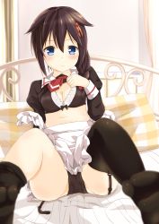 Rule 34 | 10s, 1girl, adapted costume, alternate costume, apron, arm at side, arm support, bed, bed sheet, black panties, black serafuku, black thighhighs, blue eyes, bluekalmia, braid, breasts, brown hair, cleavage, clothes lift, enmaided, garter belt, garter straps, hair flaps, hair over shoulder, highres, indoors, kantai collection, long sleeves, looking at viewer, maid, medium breasts, midriff, neckerchief, panties, pantyshot, poke ball, puffy long sleeves, puffy sleeves, red neckerchief, school uniform, serafuku, shigure (kancolle), shigure kai ni (kancolle), shirt lift, single braid, sitting, soles, solo, thighhighs, thighs, underwear, waist poke ball
