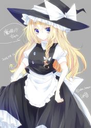 Rule 34 | 1girl, apron, bad id, bad twitter id, black dress, blonde hair, blue eyes, bow, braid, dated, dress, grey background, hat, hat bow, kirisame marisa, large bow, long hair, looking at viewer, puffy sleeves, shiki no haru, short sleeves, signature, single braid, sketch, speech bubble, touhou, translation request, vest, witch hat
