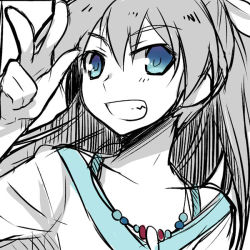 Rule 34 | 1girl, blue eyes, ganaha hibiki, grin, idolmaster, idolmaster (classic), jewelry, long hair, looking at viewer, monochrome, necklace, smile, solo, spot color, tamura hiro, upper body