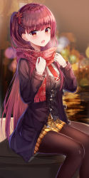 Rule 34 | 1girl, :o, black coat, black pantyhose, black shirt, blurry, bokeh, breasts, breath, brown pantyhose, buttons, coat, depth of field, dress shirt, duffel coat, fringe trim, girls&#039; frontline, hair ornament, hands up, highres, lkeris, long hair, long sleeves, looking at viewer, medium breasts, miniskirt, necktie, official alternate costume, one side up, open clothes, open coat, open mouth, pantyhose, plaid, plaid skirt, pleated skirt, red eyes, red hair, red scarf, scarf, shirt, sitting, skirt, solo, undershirt, very long hair, wa2000 (date in the snow) (girls&#039; frontline), wa2000 (girls&#039; frontline), white shirt, yellow skirt