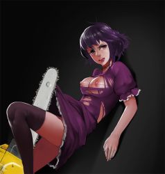 Rule 34 | 1girl, black lagoon, breasts, chainsaw, dress, dutch angle, large breasts, lips, nipples, no bra, open mouth, puffy short sleeves, puffy sleeves, purple eyes, purple hair, frederica sawyer, short hair, short sleeves, solo, source request, thighhighs, torn clothes, torn dress, zerosabort