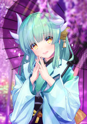 Rule 34 | 1girl, aqua hair, atori, blurry, depth of field, dragon horns, fate/grand order, fate (series), flower, hair ornament, hands up, highres, horns, japanese clothes, kimono, kiyohime (fate), light rays, long hair, long sleeves, looking at viewer, obi, oil-paper umbrella, open mouth, purple flower, sash, smile, solo, sunbeam, sunlight, umbrella, upper body, wisteria, yellow eyes