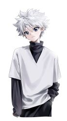 Rule 34 | 1boy, absurdres, blue eyes, child, highres, hu soeun, hunter x hunter, killua zoldyck, layered sleeves, long sleeves, looking at viewer, male focus, shirt, short hair, short over long sleeves, short sleeves, simple background, sleeves past wrists, solo, straight-on, upper body, white background, white hair, white shirt