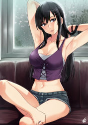 Rule 34 | 1girl, armpits, arms up, bad id, bad pixiv id, black hair, breasts, cleavage, collarbone, couch, crop top, denim, denim shorts, hair between eyes, head tilt, highres, indoors, large breasts, long hair, looking at viewer, looking to the side, midriff, mole, mole under eye, nail polish, navel, parted lips, purple eyes, purple vest, rain, short shorts, shorts, sitting, smile, solo, strapless, suga natsumi, tenki no ko, toenail polish, toenails, tube top, vest, window, xter
