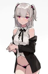 Rule 34 | 1girl, aiko (kanl), bare shoulders, black jacket, black panties, breasts, buttons, closed mouth, collared shirt, cowboy shot, crop top, dress shirt, expressionless, grey hair, grey shirt, groin, hair ribbon, jacket, looking at viewer, medium hair, mole, mole under eye, navel, no pants, off shoulder, open clothes, open jacket, original, own hands together, panties, red eyes, ribbon, sanpaku, shirt, simple background, sleeveless, sleeveless shirt, small breasts, solo, stomach, tana (aiko), thighs, two side up, underwear, white background