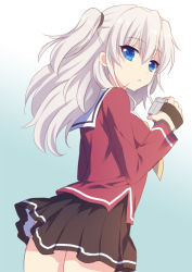 Rule 34 | 10s, 1girl, blue eyes, brown skirt, charlotte (anime), fuyuichi, gradient background, long hair, looking at viewer, school uniform, skirt, solo, tomori nao, two side up, white hair