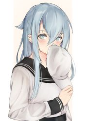 Rule 34 | 1girl, blue hair, blush, covering own mouth, flat cap, hair between eyes, hat, hibiki (kancolle), highres, holding, holding clothes, holding hat, ikashun, jacket, kantai collection, light blue hair, long hair, long sleeves, looking at viewer, simple background, solo, two-tone background, unworn hat, unworn headwear, upper body, verniy (kancolle), white hat, white jacket