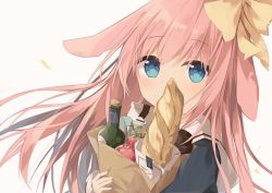 Rule 34 | 1girl, animal ears, apple, bag, baguette, black jacket, blue eyes, blush, bottle, bow, bread, brown background, commentary request, covered mouth, food, fruit, grocery bag, hair between eyes, hair bow, highres, jacket, kushida you, long hair, long sleeves, looking at viewer, milk carton, hugging object, original, paper bag, pink hair, rabbit ears, red apple, shopping bag, simple background, sleeves past wrists, solo, upper body, very long hair, yellow bow