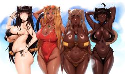 Rule 34 | 1girl, 4girls, ahoge, ahoge cat girl (kevbot), animal ears, arms behind head, arms up, belly, bikini, black bikini, blue background, blue eyes, bracelet, breasts, breasts apart, brown-haired cat girl (kevbot), brown eyes, brown hair, cat ears, cat girl, cat tail, commentary, crop top, cropped legs, curvy, dark-skinned female, dark skin, earrings, english commentary, eyepatch bikini, fangs, gold necklace, greyscale, gyaru, gyaru catgirl (kevbot), hair down, highres, hoop earrings, huge breasts, jewelry, jingle bell catgirl (kevbot), kevbot, large breasts, lips, long hair, looking at viewer, micro bikini, mole, mole on breast, mole under eye, monochrome, multiple girls, naughty face, navel, necklace, one-piece swimsuit, orange eyes, orange one-piece swimsuit, original, outside border, plump, ponytail, red eyes, red one-piece swimsuit, shirt, short hair, short shorts, shorts, simple background, smile, striped tail, summer, sweat, sweatdrop, swimsuit, tail, thick eyebrows, thick lips, thick thighs, thighs, twintails, underboob, very dark skin, white background, yellow bikini