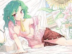 Rule 34 | 1girl, arm support, ascot, bad id, bad pixiv id, bare shoulders, bed, blush, breasts, breasts apart, censored, clothes pull, convenient censoring, dress shirt, female focus, flower, geppewi, green hair, hand on own hip, highres, indoors, kazami yuuka, leaning forward, looking at viewer, medium breasts, mouth hold, nature, necktie, no bra, no panties, off shoulder, open clothes, open shirt, open skirt, plaid, plaid skirt, pleated skirt, red eyes, red skirt, shirt, short hair, skirt, skirt pull, solo, sunflower, touhou, undone, undone necktie, undressing, window