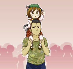 Rule 34 | 1boy, 1girl, animal ears, brown eyes, brown hair, cat ears, cat tail, chen, earrings, hat, jewelry, lee (colt), md5 mismatch, multiple tails, short hair, tail, touhou
