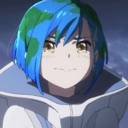 Rule 34 | 10s, 1girl, blue hair, blush, closed mouth, cosplay, crossover, crying, darling in the franxx, earth-chan, half-closed eyes, ichigo (darling in the franxx), original, parody, r-4 (area d366), sad, short hair, sky, solo, tears, wavy mouth, yellow eyes