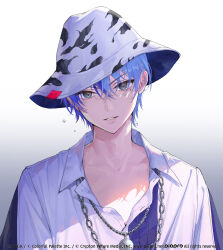 Rule 34 | 1boy, aoyagi touya, blue hair, chain necklace, collared shirt, commentary request, dark blue hair, gradient background, grey eyes, hat, highres, jewelry, looking at viewer, male focus, mole, mole under eye, multicolored hair, necklace, official alternate costume, official art, okuma mai, open collar, parted lips, partially unbuttoned, project sekai, shirt, short hair, solo, two-tone hair, two-tone headwear, upper body, walk on and on (project sekai)