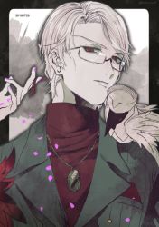 Rule 34 | 1boy, alternate hairstyle, animal, animal on shoulder, antonio salieri (fate), antonio salieri (traveling outfit) (fate), bespectacled, bird, crow, disembodied hand, fate/grand order, fate (series), formal, glasses, hinoe (right-hnxx03), jewelry, male focus, manly, necklace, petals, pinstripe pattern, pinstripe suit, red eyes, red shirt, shirt, solo, striped, suit, swept bangs, turtleneck, white hair