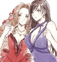 Rule 34 | 2girls, aerith gainsborough, aerith gainsborough (red dress), ancotsubu, artist name, bare arms, black hair, breasts, choker, cleavage, clenched hand, crescent, crescent earrings, dress, earrings, fighting stance, final fantasy, final fantasy vii, final fantasy vii remake, flamenco dress, flower, green eyes, hair between eyes, hair flower, hair ornament, hair ribbon, highres, jewelry, large breasts, long hair, looking at viewer, medium breasts, multiple girls, multiple necklaces, official alternate costume, parted bangs, pony (animal), purple dress, red dress, red eyes, red flower, red ribbon, ribbon, ribbon choker, ringlets, sidelocks, sketch, square enix, strapless, strapless dress, tifa lockhart, tifa lockhart (refined dress), twitter username, upper body, wall market, white background