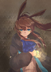 Rule 34 | 1girl, ahoge, amiya (arknights), animal ears, arknights, ascot, black jacket, blue ascot, blue eyes, brown hair, closed mouth, floating hair, glowing, hair between eyes, hood, hood down, hooded jacket, jacket, jewelry, long hair, long sleeves, looking at viewer, open clothes, open jacket, ponytail, puffy long sleeves, puffy sleeves, rabbit ears, ring, shirt, solo, upper body, white shirt, yume (i think.)