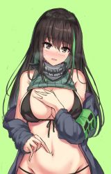 Rule 34 | 1girl, adapted costume, armband, bare shoulders, bikini, black bikini, blush, breasts, brown eyes, brown hair, cenangam, cleavage, clothes lift, cowboy shot, girls&#039; frontline, green background, green hair, green sweater, groin, hair between eyes, headphones, jacket, large breasts, long hair, looking at viewer, m4a1 (girls&#039; frontline), multicolored hair, navel, open mouth, ribbed sweater, scarf, sidelocks, simple background, solo, stomach, streaked hair, sweater, sweater lift, sweater vest, swimsuit