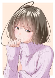 Rule 34 | 1girl, from side, hair between eyes, light brown hair, long sleeves, looking at viewer, naughty face, orange background, original, pink sweater, profile, ribbed sweater, short hair, smile, squinting, sweater, turtleneck, turtleneck sweater, yamanaka kouji (yanchiki2001)