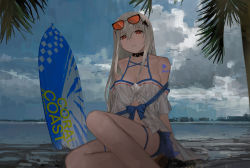 Rule 34 | 1girl, absurdres, arknights, bare legs, bare shoulders, black choker, blue shorts, blue sky, breasts, chinese commentary, choker, cleavage, cloud, commentary request, day, eyewear on head, feet out of frame, hair between eyes, head tilt, highres, long hair, looking at viewer, navel, no headwear, off-shoulder shirt, off shoulder, outdoors, partial commentary, red eyes, shirt, short shorts, short sleeves, shorts, sitting, skadi (arknights), skadi (waverider) (arknights), sky, solo, sunglasses, surfboard, thigh strap, thighs, very long hair, white hair, white shirt, yuanxi